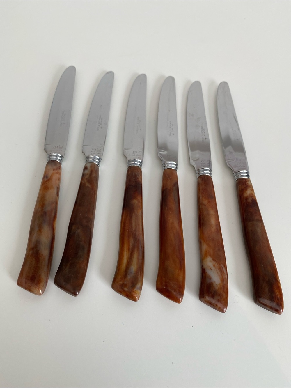 Vintage Japan Butter Knife Set with Brown Swirl Resin Handles - Set of 6
